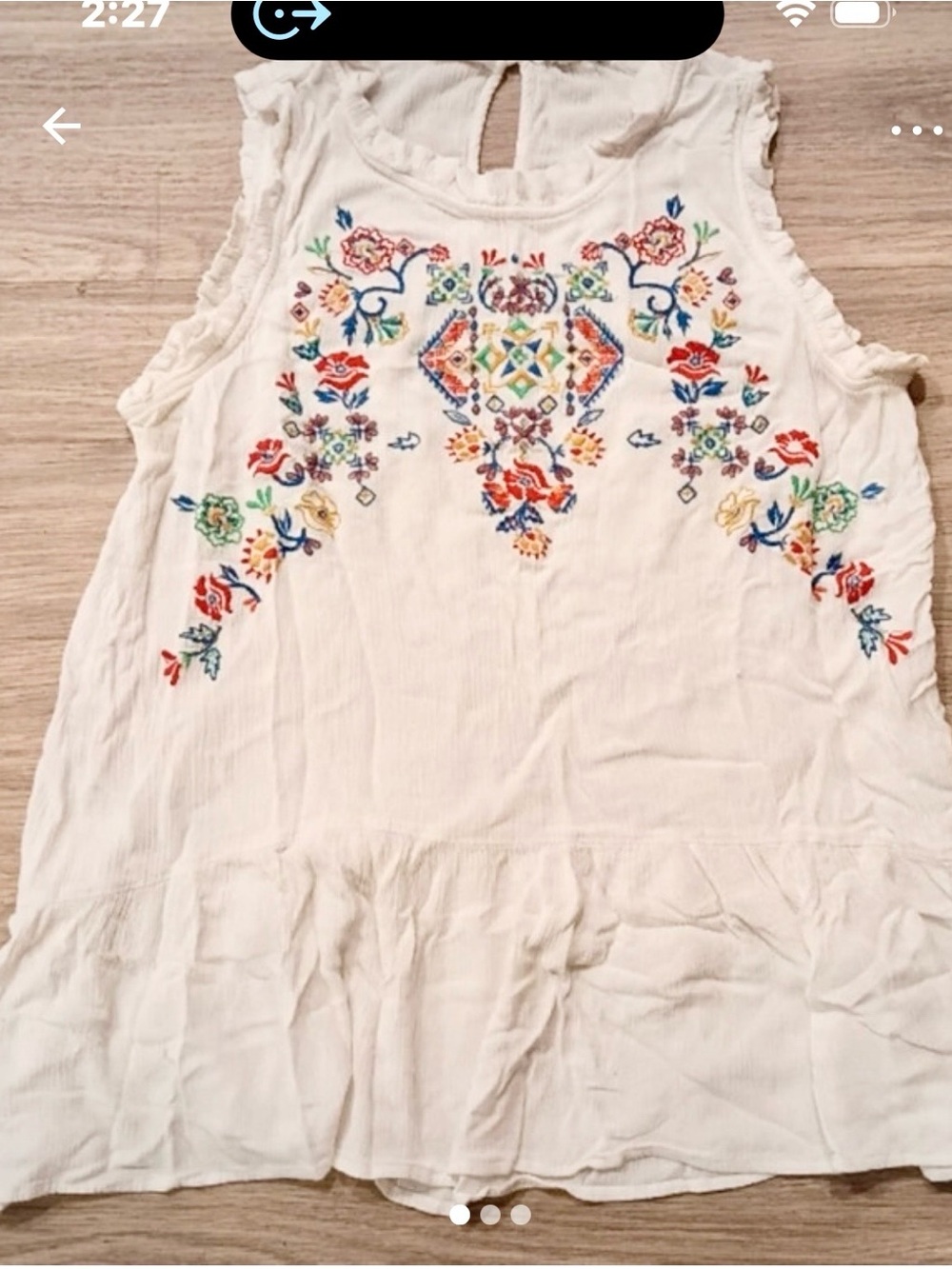 Sleeveless Ivory Multi Colored Embroidered Boho Tunic Top-Large